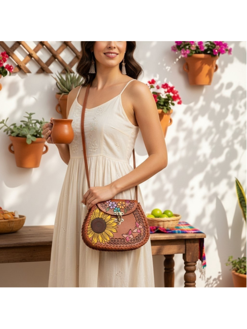 Sunflowers Butterflies Brown Embossed Tooled Artisan LEATHER Crossbody Purse Bag